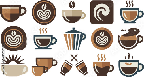 Various Coffee Cup and CoffeeRelated Icon Designs with Steam, Beans, and Beverage Preparation