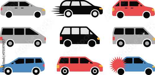 Various Colorful Cartoon Cars and Vans in Rows, Including Crash Damage Illustration