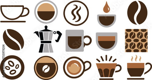 Various Stylized Coffee Icons and Graphics Featuring Beans, Moka Pot, and Steam, Flat Design