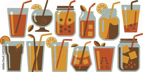 Various Illustrated Drinks Fruity Cocktails, Boba Tea, Juices, and Iced Beverages with Straws and Orange Slices