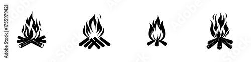 Various stylized campfire icons representing warmth and outdoor activities in a minimalist design
