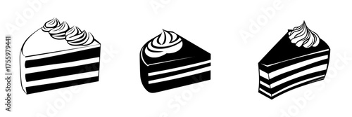 Delicious slices of layered cake presented on a white background showcasing various frosting styles and flavors