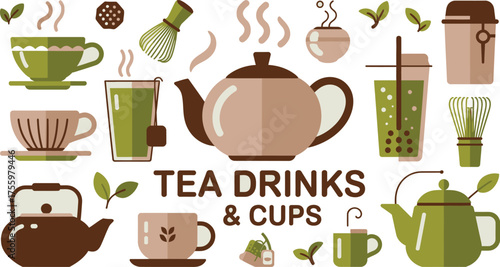 Various Teas and Tea Drinks Depicted in Brown, Beige, and Green Minimalistic Flat Icons