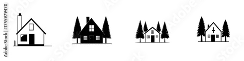 Simple designs of various houses with trees, showcasing different architectural styles suitable for country living