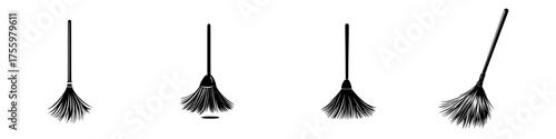 Different broom designs displayed against a simple background showcasing variations in bristle shapes and sizes