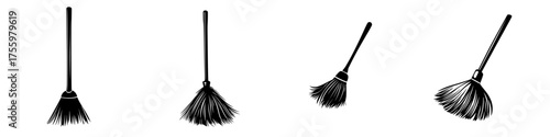 Various types of brooms displayed on a plain background for cleaning purposes in home maintenance tasks