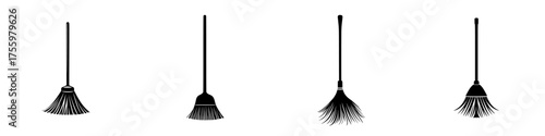 Collection of various brooms displayed in a minimalist style for cleaning and household organization