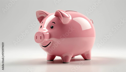 Tirelire cochon 3D réaliste vue de côté sur fond blanc, symbole d’épargne et de finance personnelle. Economie, monnaie