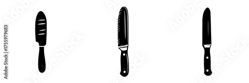 Selection of kitchen knives displayed in a row showcasing different shapes and functionalities for culinary use