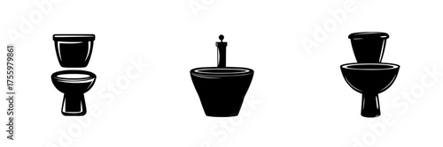 Various styles of modern restroom fixtures in black silhouette design suitable for interior design projects
