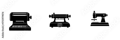 Different types of sewing machines displayed against a plain background showcasing the craft of sewing