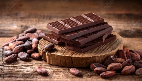 Dark Chocolate Bar With Cocoa Beans On Rustic Wooden Board