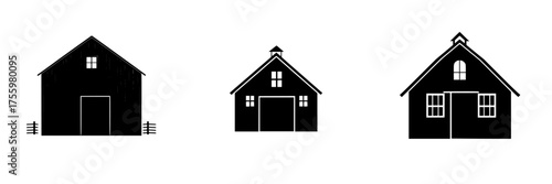 Silhouettes of traditional barns in varying designs set against a plain background at dusk