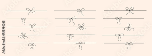 Minimal line ribbon, knot with tie bow. Outline hand drawn sketch string for gift box, package, present. Simple vector illustration