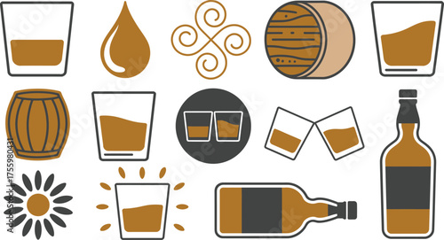 Whiskey and Bar Icons Glasses, Bottle, Barrel, and Drop Illustration Design