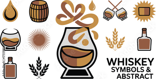 Whiskey Symbols Abstract Elements Drop, Barrel, Glass, Bottle, Wheat, Sun Illustration Collection