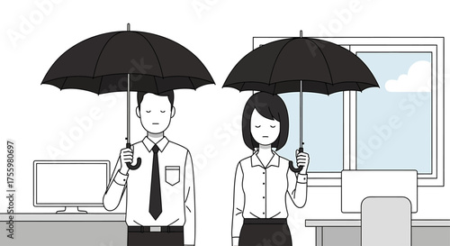 Conceptual art showing two office workers with umbrellas, symbolizing excessive preparation and workplace anxiety