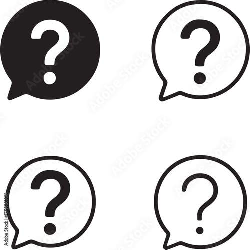 Isolated Question icon set, question mark symbol, help answer bubble, support faq icon, solid black line outline filled, thin stroke vector, modern minimal design