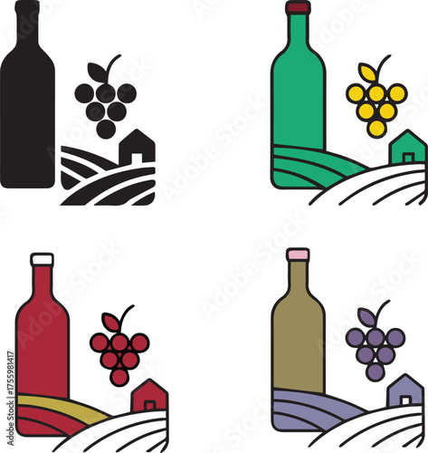Isolated Winemaking icon set, winemaking wine symbol, grape bottle vineyard, alcohol drink icon, solid black line outline filled, thin stroke vector, modern minimal beverage design