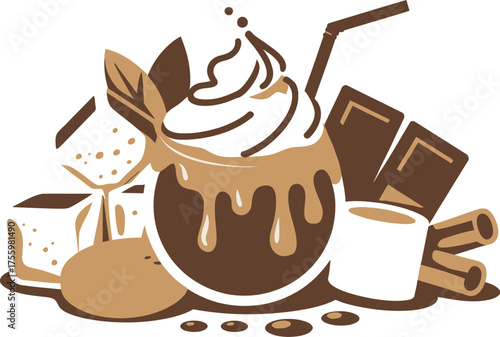 Stylized Hot Chocolate with Marshmallows, Chocolate Chunks, and Cinnamon Sticks Illustration Design