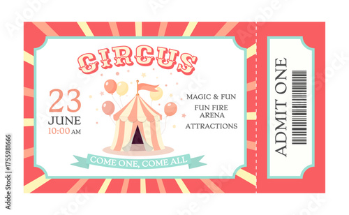 Flat vector illustration of a circus ticket with festive design, tent, balloons, and stars. Bright and cheerful layout suitable for both kids and adults. Perfect for posters, invitations, and events.