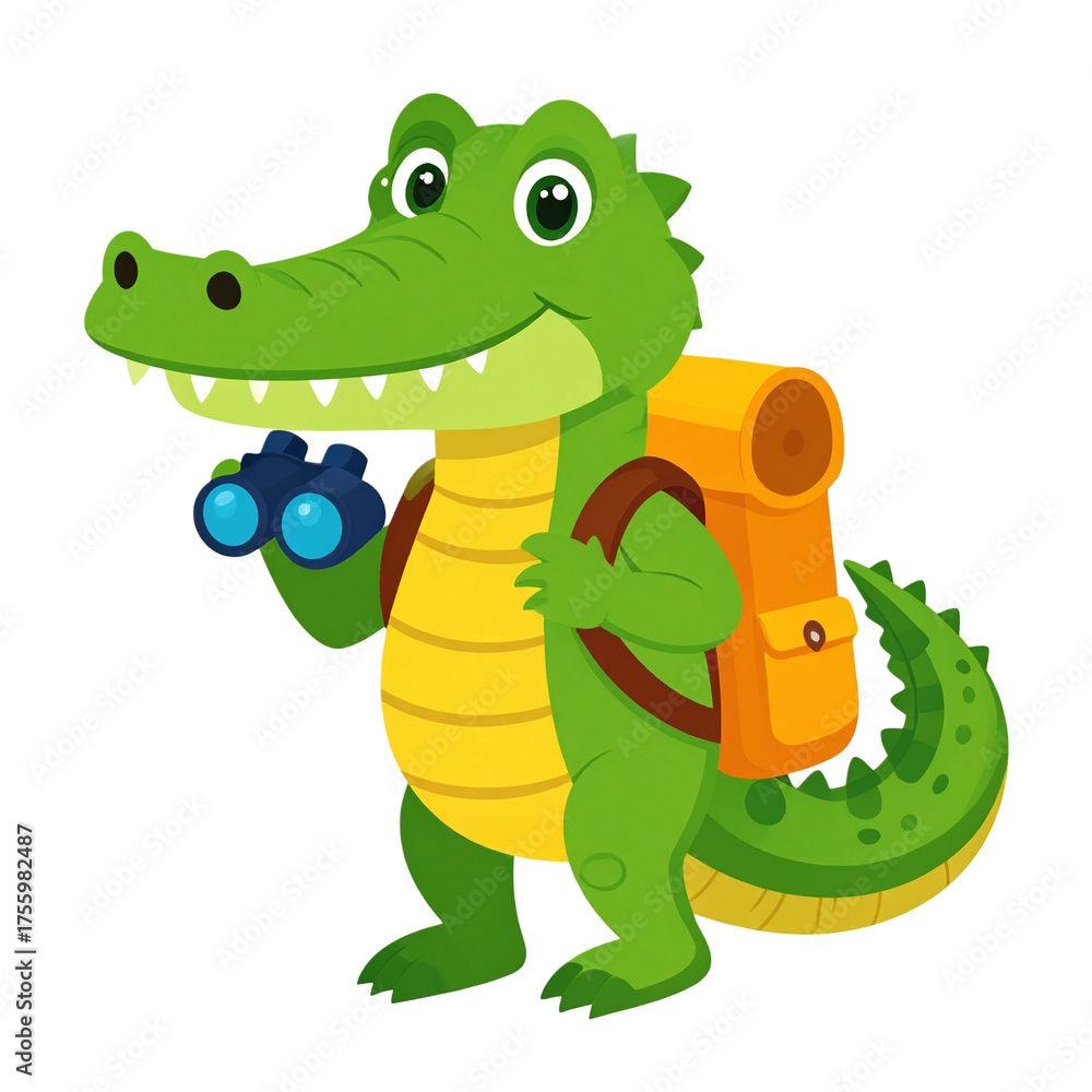 Obraz premium Cute alligator explorer with backpack and binoculars PNG vector, adventurous animal cartoon, jungle expedition illustration, wildlife travel character design for kids and fun themes
