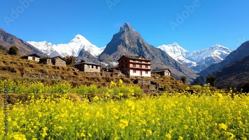 Rural Nepalese Himalayas Landscape with Yellow Flower Field and Snowy Peaks – AI Generated