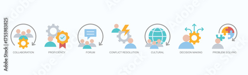 Effective Teamwork Icon Set Isolated Vector With Icon Of Collaboration, Proficiency, Forum, Conflict Resolution, Cultural, Decision Making, Problem Solving In Flat Style