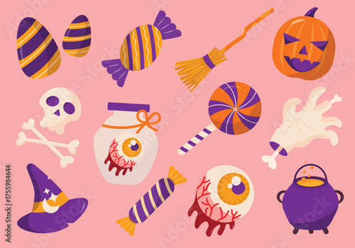 Cute halloween sweets and spooky elements set