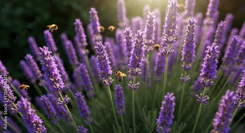 Obraz premium Lavender field with bees pollinating in bright, sunny light, close-up