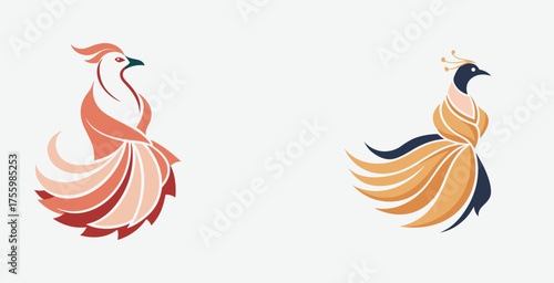 Elegant sharp logotype Elegant Twin Phoenix bird flowing gown logo vector art design illustration