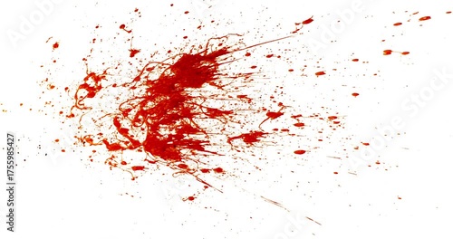 Blood Splash in Super Slow Motion. Isolated on White Background. High-Speed Cinematic Shot of Blood Droplets Forming Abstract Stain.