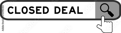 Search banner in word closed deal with hand over magnifier icon on white background