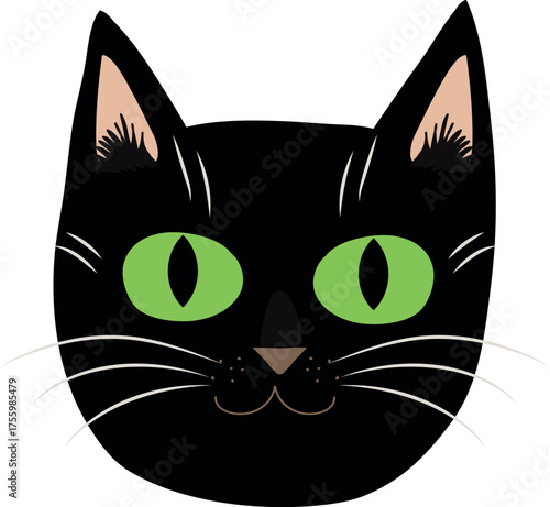 The face of a black cat with green eyes.