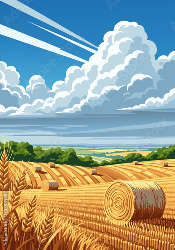 Idyllic summer farm landscape with rolling golden wheat fields, hay bales, and a picturesque blue sky with voluminous white clouds