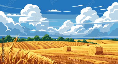 Vibrant field of golden wheat under a bright blue sky with fluffy white clouds, evoking peace and serenity