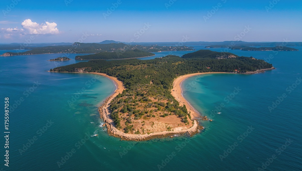 Fototapeta premium Bird's-eye perspective of a coastal peninsula surrounded by water