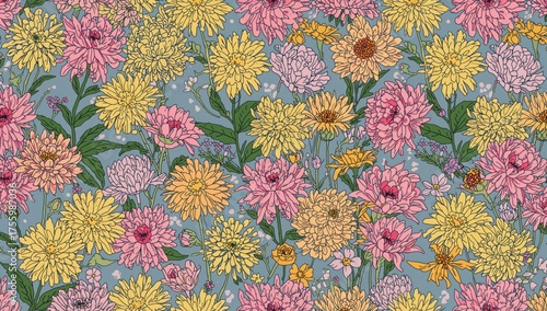 Endless floral pattern design featuring bright, realistic blooms.