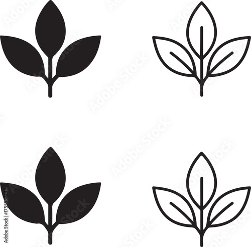 Isolated Herbs icon set, herbs plant symbol, natural medicine herbs, herbal leaf icon, solid black line outline filled, thin stroke vector, modern minimal nature design
