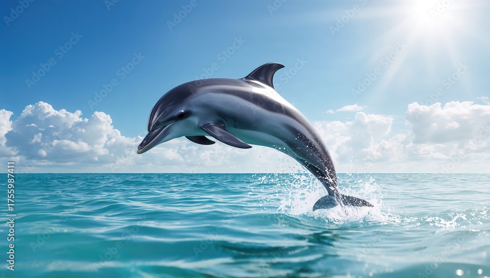 Fototapeta premium Sky backdrop with a dolphin leaping out of the water
