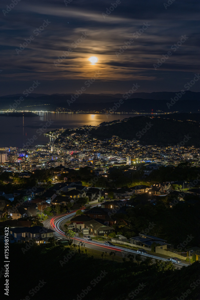 Naklejka premium ニュージーランド ウェリントンのブルックリン・アーミーバンカーの丘から見える夜景と満月