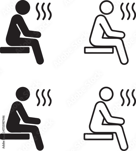 Isolated Sauna icon set, sauna steam spa symbol, sauna relaxation room, wellness spa icon, solid black line outline filled, thin stroke vector, modern minimal wellness design