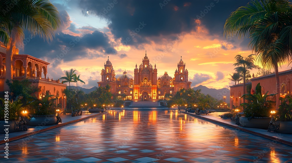 Obraz premium Stunning sunset view of a grand palace with a reflecting pool