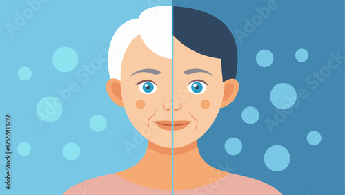 Aging Skin Comparison A comparison graphic showing aging skin with visible pores contrasted with youthful skin treated with nanotechnology emphasizing rejuvenation.