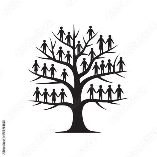 Family Tree Silhouette with People Holding Hands on Branches