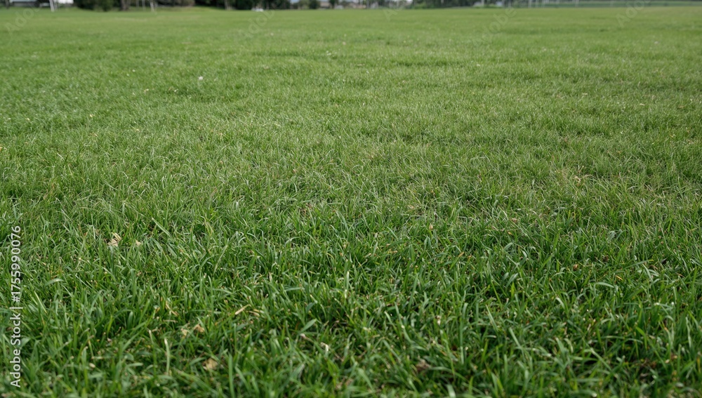 Obraz premium Scenic view of a spacious community park featuring lush green grass, scattered trees, and distant homes.