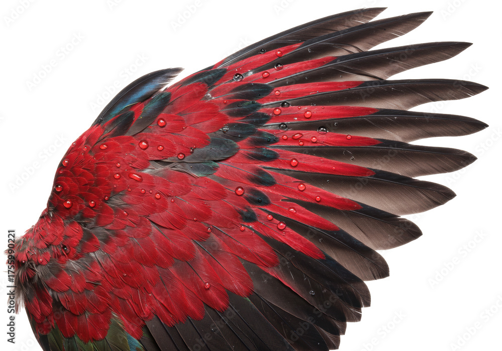 Obraz premium Isolated Colorful Wing with Feathers and Water Drops, Vibrant Bird Plumage Close-Up