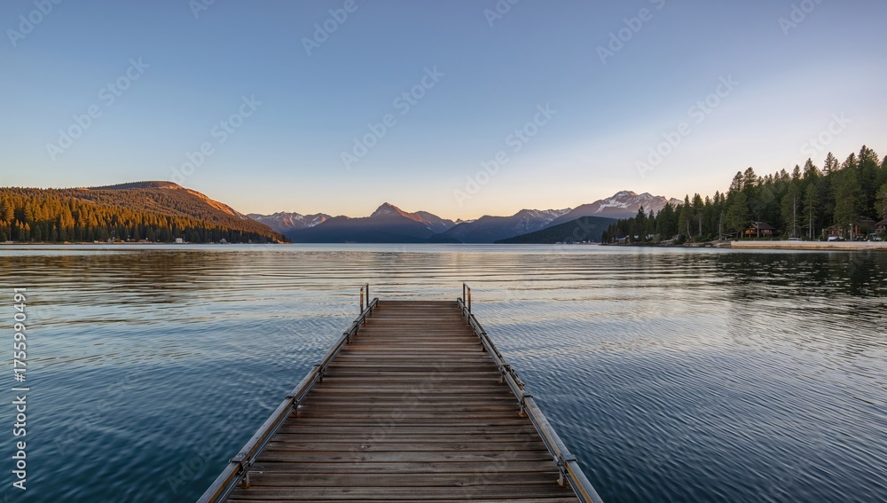 Fototapeta premium Dock and calm water at dawn with a serene lake view, sky, shore, seasonal, vacation, outdoors, cold, scenery, illumination