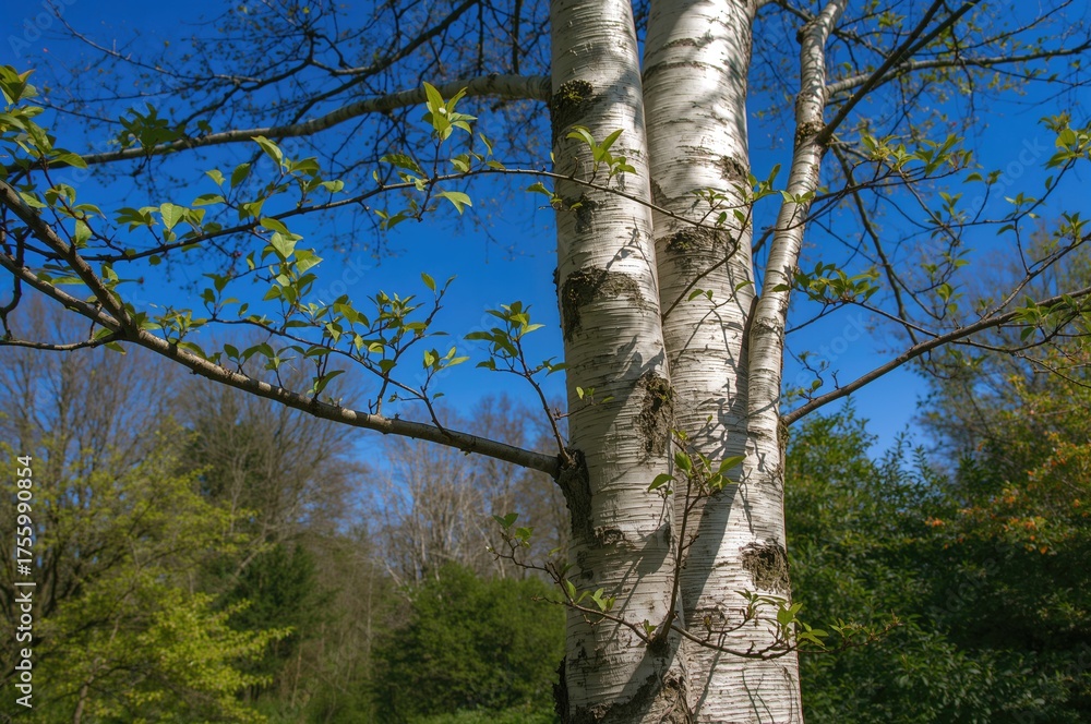 Fototapeta premium Fresh green leaves sprouting on birch tree branches in a springtime garden