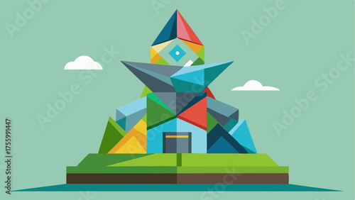 A futuristic angular sculpture made entirely of recycled materials.